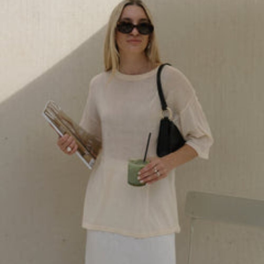 Miann & Co Lennon Boxy Sheer Knit T-Shirt - Tofu (size M)